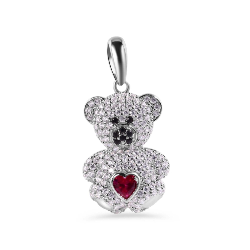 Sterling Silver 925 Rhodium Plated Teddy Bear Red Heart Black & Clear CZ Pendant